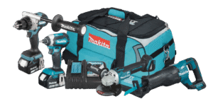 Combokit Makita DLX4157TX1 (DDF486Z, DTD153Z, DJR187Z, DGA504Z) + 2x5.0Ah 18V akut ja kiirlaadija